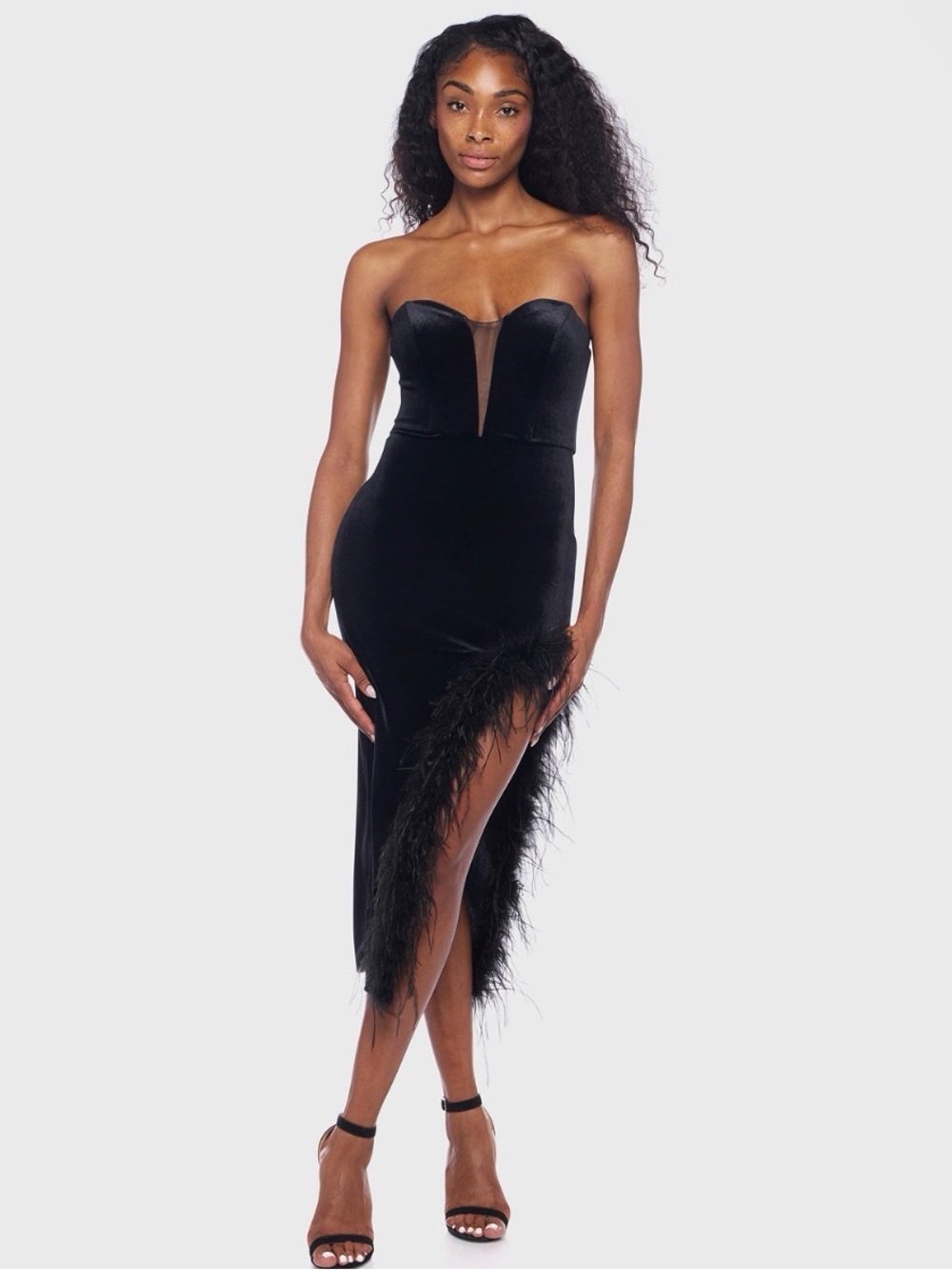 Strapless Black Asymmetrical Feather-Trim Midi Dress
